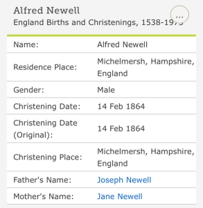 Alfred Newell, Christening