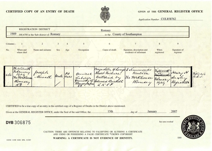Joseph Newell Death Certificate