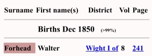 Walter Forhead Birth Index