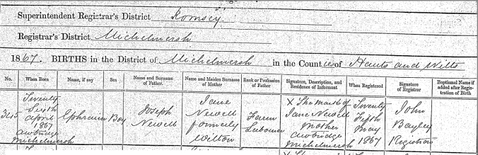 Ephraim Newell, Birth Certificate.