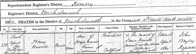 Harry Newell, Death Certificate.